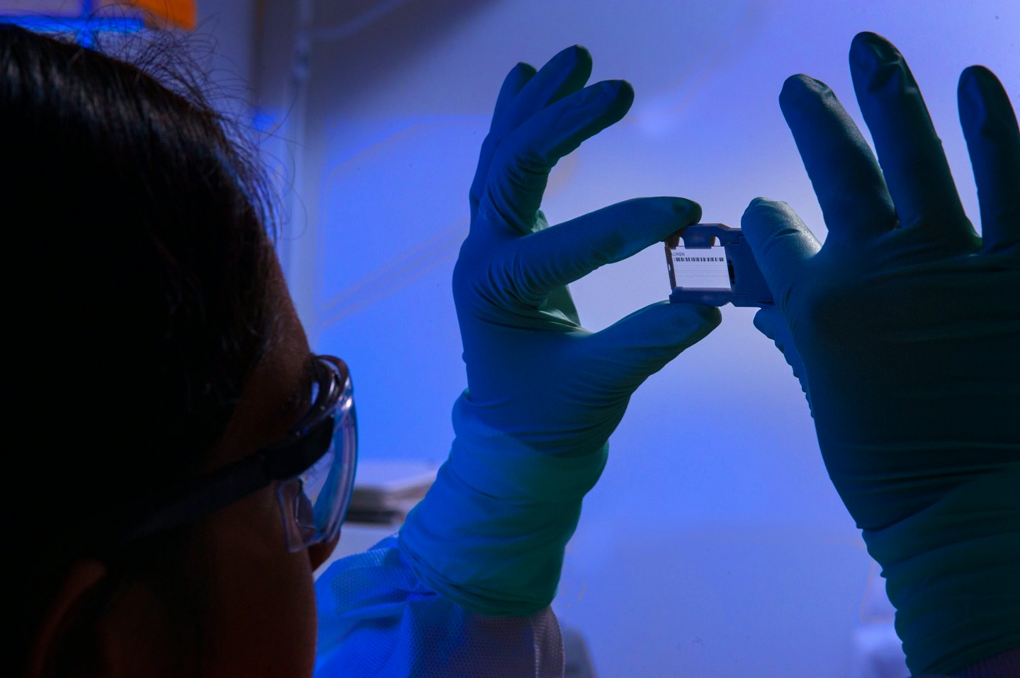 Scientist inspects a sample cartridge in a laboratory setting.